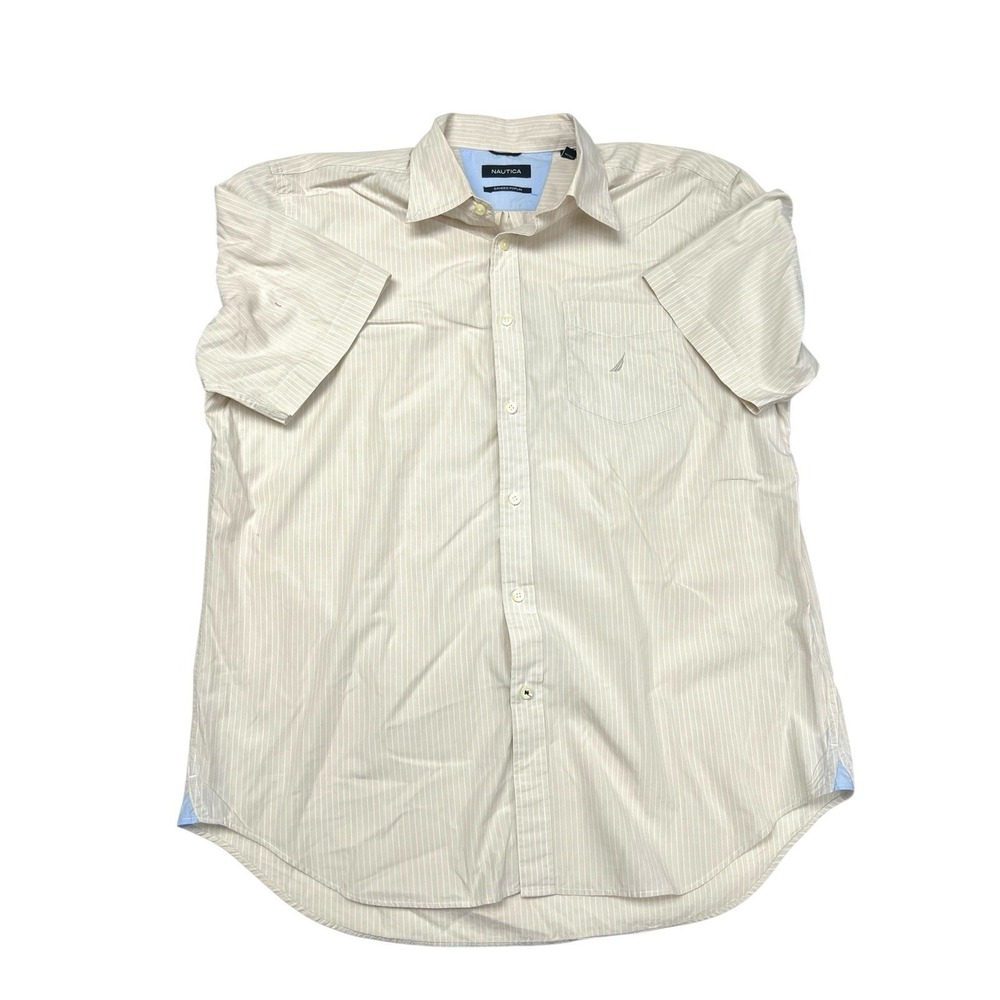 Nautica‎ Shirt Mens Size Large Ivory Casual Button Up Short Sleeve
